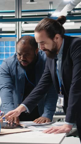 vertical video multiethnic engineers industrial coworkers doing teamwork on production line