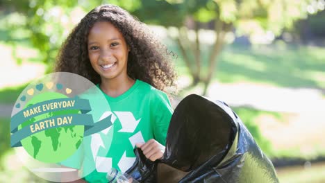 animação de ecologia texto do dia da terra e logotipo do globo sobre menina fazendo trabalho de limpeza na floresta