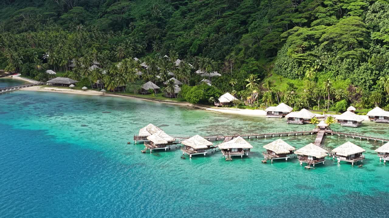 Drone View of Luxury Resort on French Polynesia Overwater Bungalows, Island Lagoon and Landscape