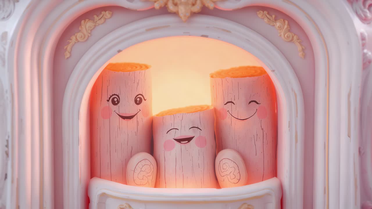 Responding to backlight brightening, three log puppets stepping in arched niche, showing medallions