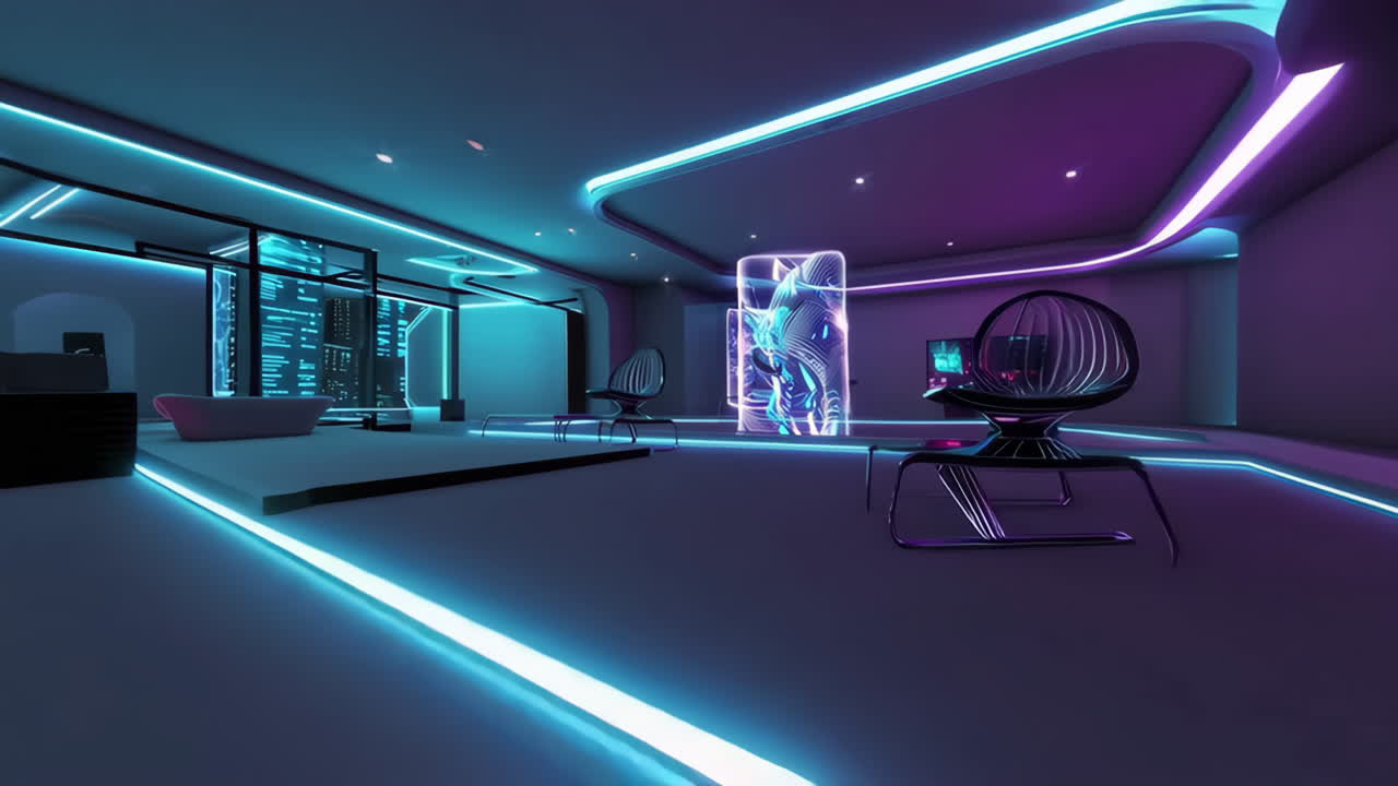 Futuristic High-Tech Interior with Vibrant Holographic Projections