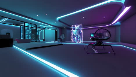 futuristic high-tech interior with vibrant holographic projections