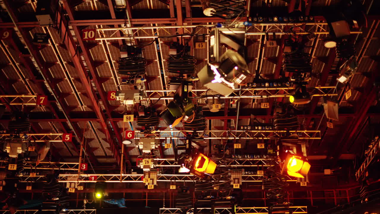 Flashing studio lights equipment on the ceiling of a TV set