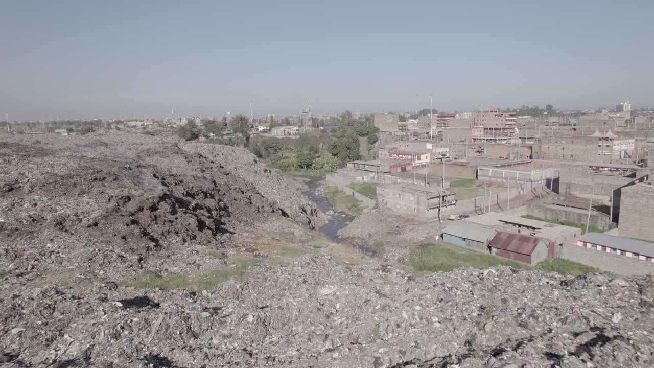 Aerial drone shot of dumpsite land fill in Dandora, Kenya
