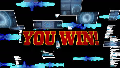 animation of you win in digital abstract space with screens