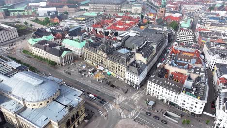 aerial of old department store building and the royal theatre in copenhagen city centre, denmark