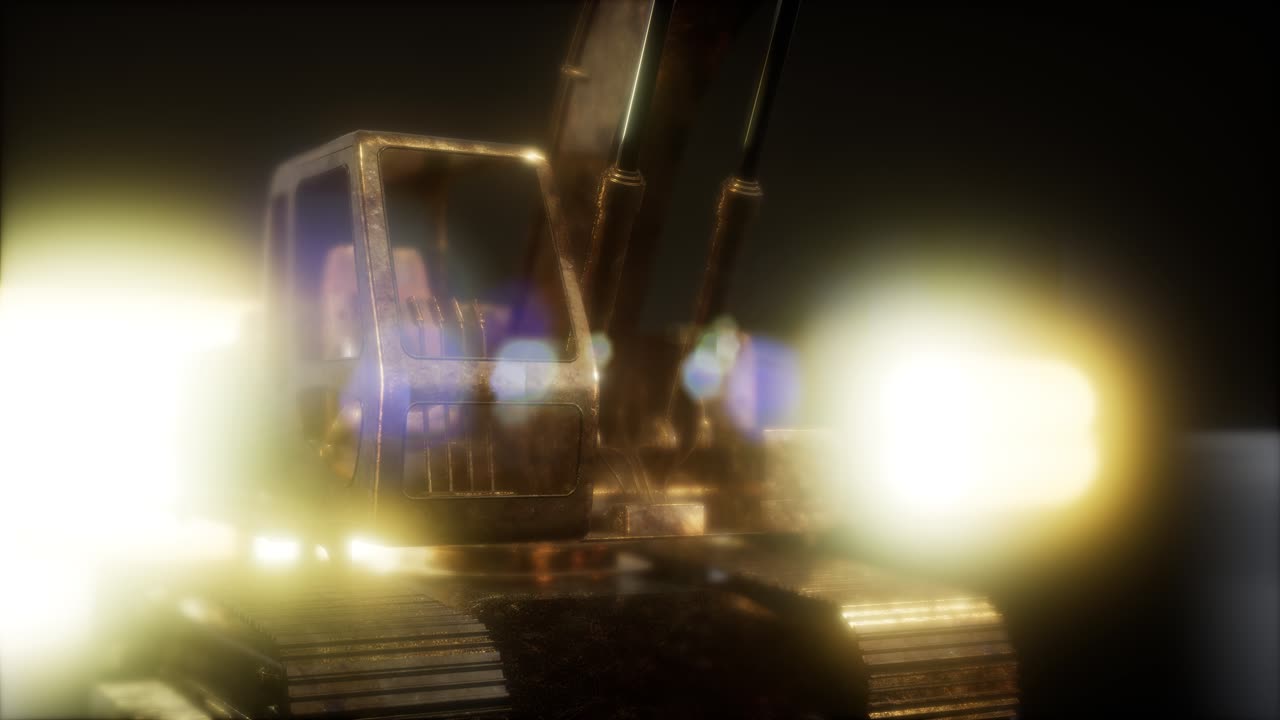 밝은 불빛으로 어두운 곳에 있는 발굴기