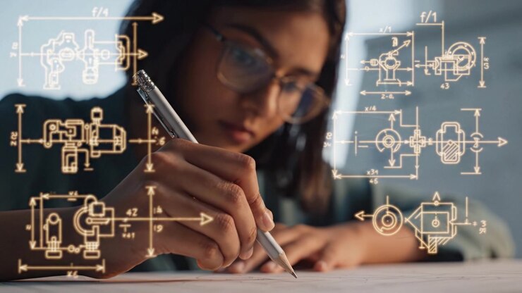 Young woman engaged in technical drawing, showcasing intricate designs and calculations while focusing intently on her work with a pen in hand at a desk.