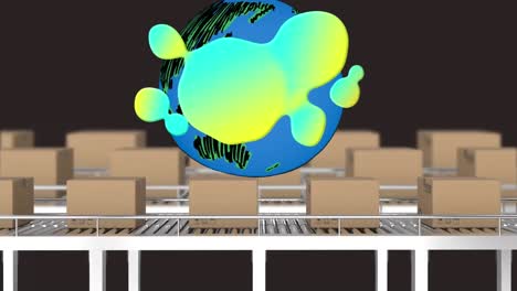 animation of globe with glowing blob over cardboard boxes moving on conveyor belts