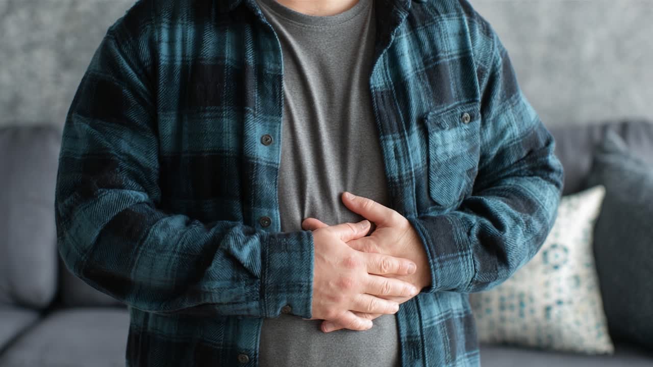 A person experiencing stomach discomfort or pain, depicted in two frames showcasing their body language and expressions, highlighting the discomfort and tension felt in these moments
