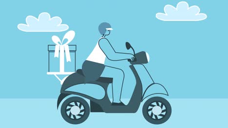cartoon flat delivery woman rides a motor scooter with gift box. flat design cartoon character isolated loop 2d animation
