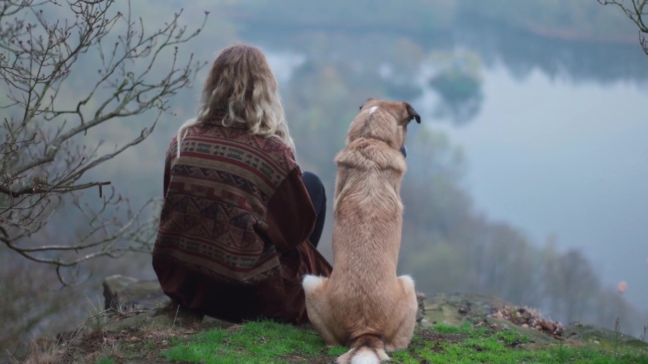 Sisli bir günde bir köpekle vadiye bakan güzel manzaranın tadını çıkaran sarışın bir kız