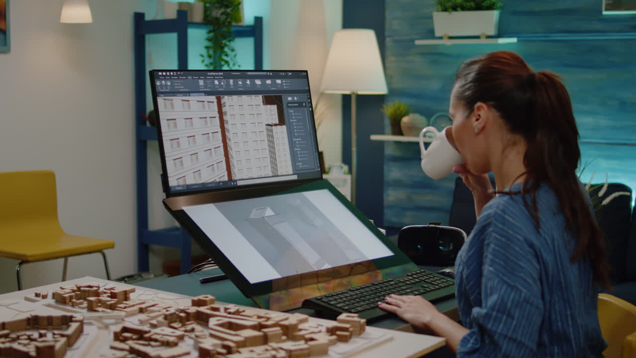Woman architect using building model on monitor