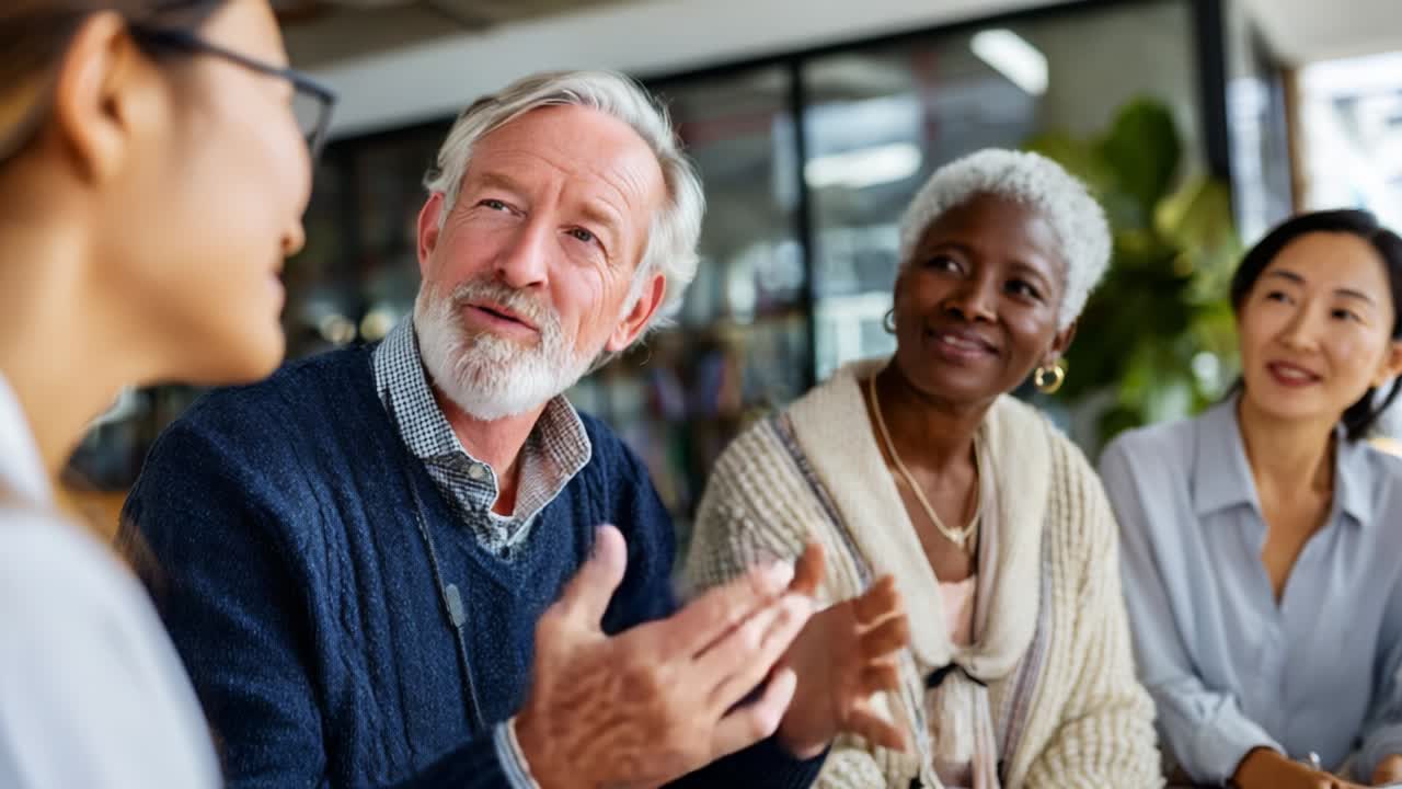 Un gruppo eterogeneo di persone impegnate in una vivace conversazione davanti a un caffè in uno spazio di lavoro moderno, che evidenzia l'importanza della connessione, della collaborazione e della condivisione di idee tra amici e colleghi