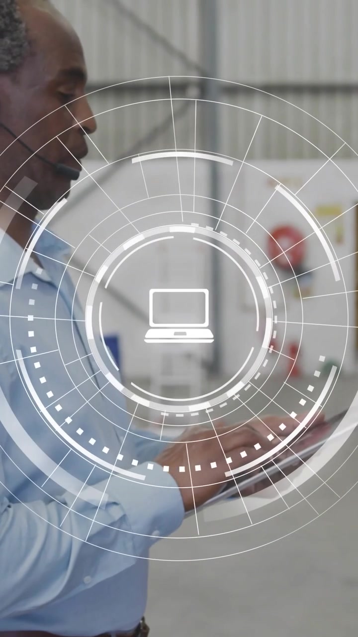 Vertical video: Warehouse supervisor tapping tablet and scanning racks, AR HUD updating inventory