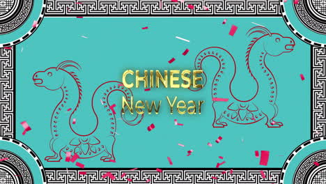 animation of chinese new year text over dragons and chinese pattern on green background