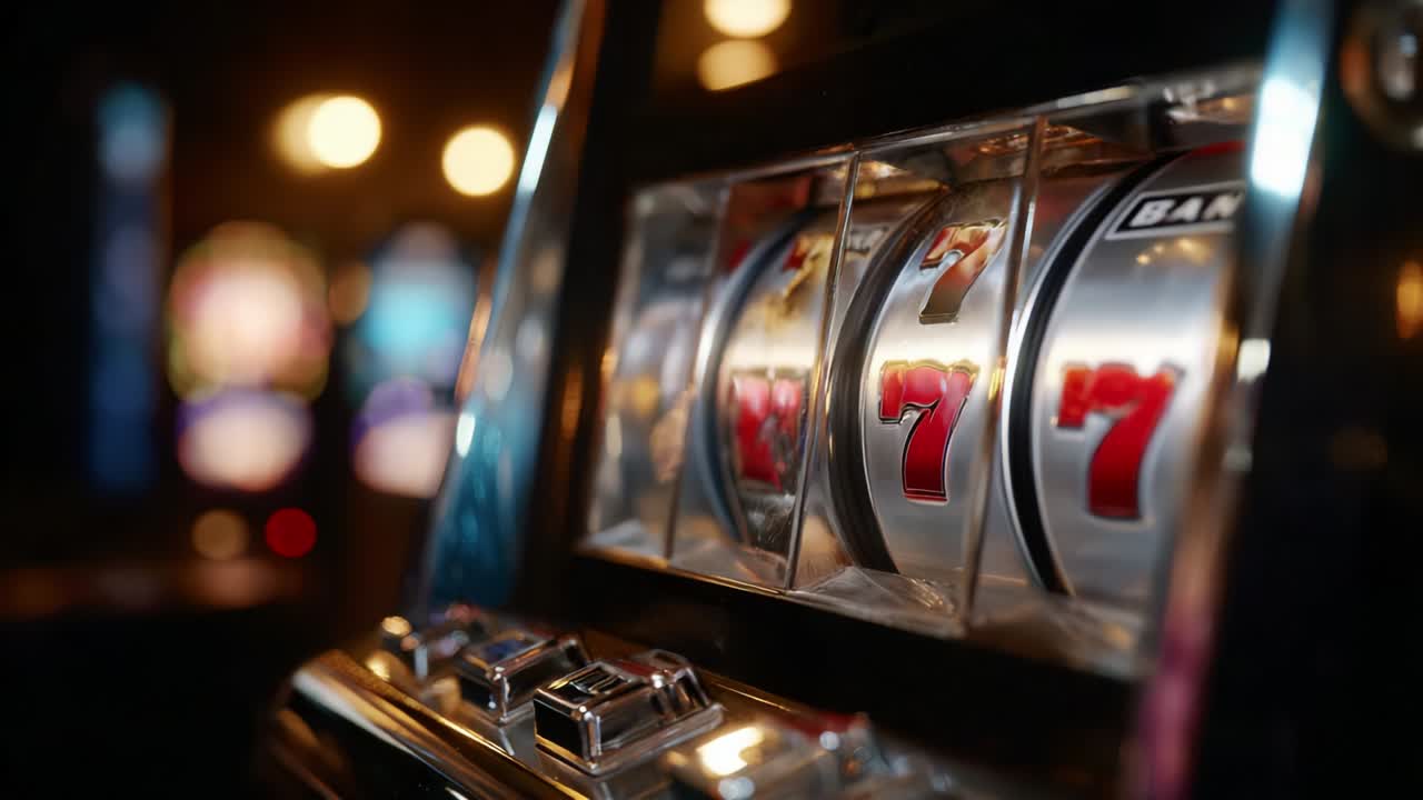 Uno sguardo all'emozione di una slot machine con rulli che girano e simboli jackpot, che cattura il brivido del gioco d'azzardo e l'attesa di vincere grandi premi in un ambiente casinò luminoso