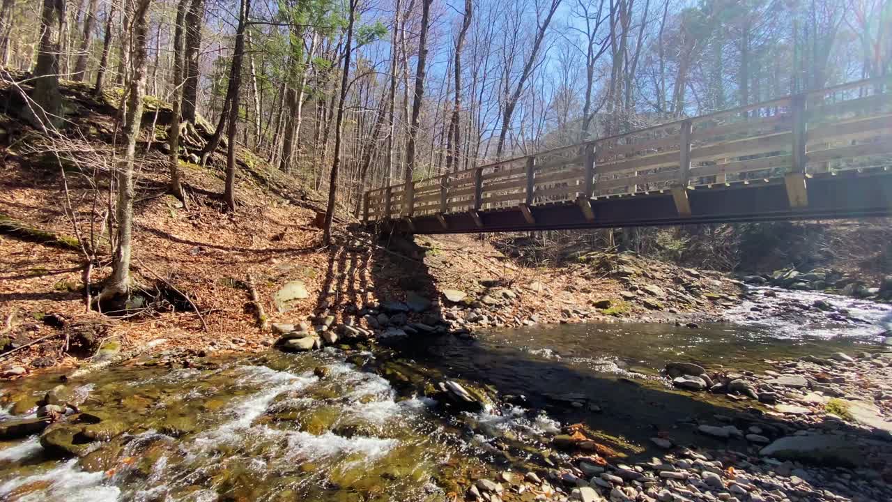 un puente peatonal de madera que atraviesa un arroyo de montaña en las montañas apalaches a principios de la primavera