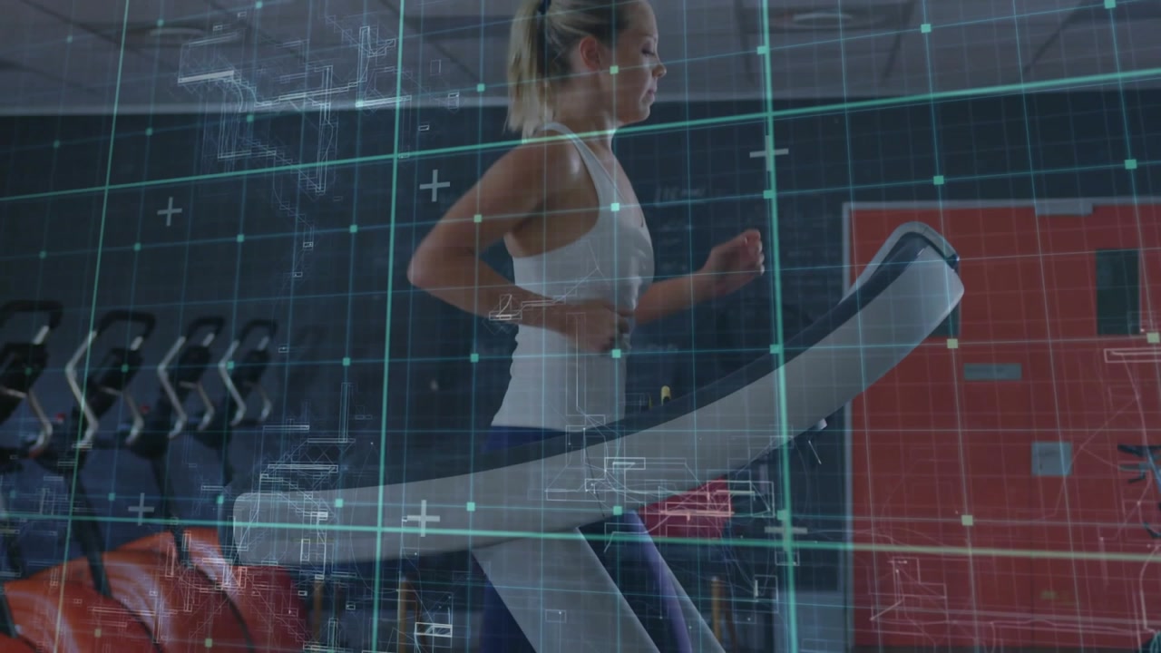 Treadmill belt engaging, woman running in fitness gym, HUD grid analyzing stride
