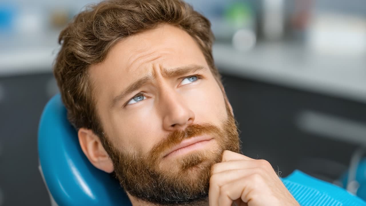 Espressione Contemplativa di un Uomo su una Poltrona Odontoiatrica, che Riflette Pensieri e Sentimenti in Attesa di una Procedura Dentale