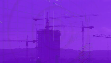 silhouetted construction cranes with financial data animation on purple background