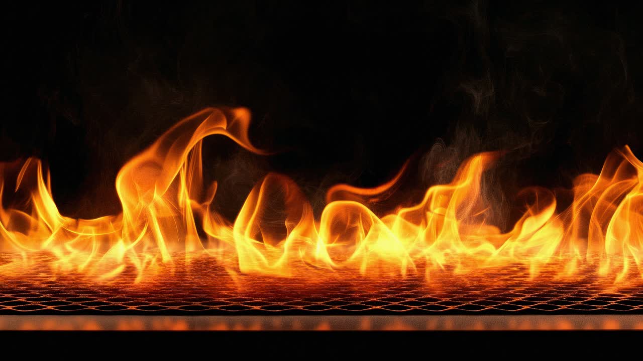 Dynamic video of intense flames on a grid, captured from a low angle, showcasing vibrant