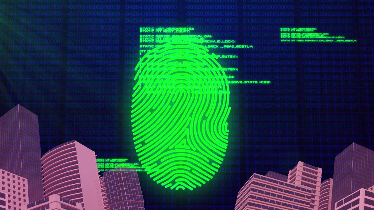 animación de huellas dactilares sobre el procesamiento de datos y el paisaje urbano