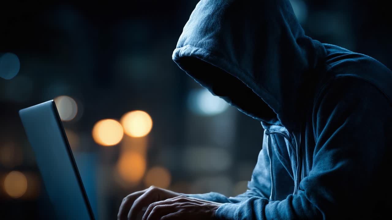 Una figura misteriosa incappucciata si concentra intensamente sul proprio laptop, circondata da uno sfondo urbano sfocato, incarnando i temi dell'anonimato e dell'impegno digitale.
