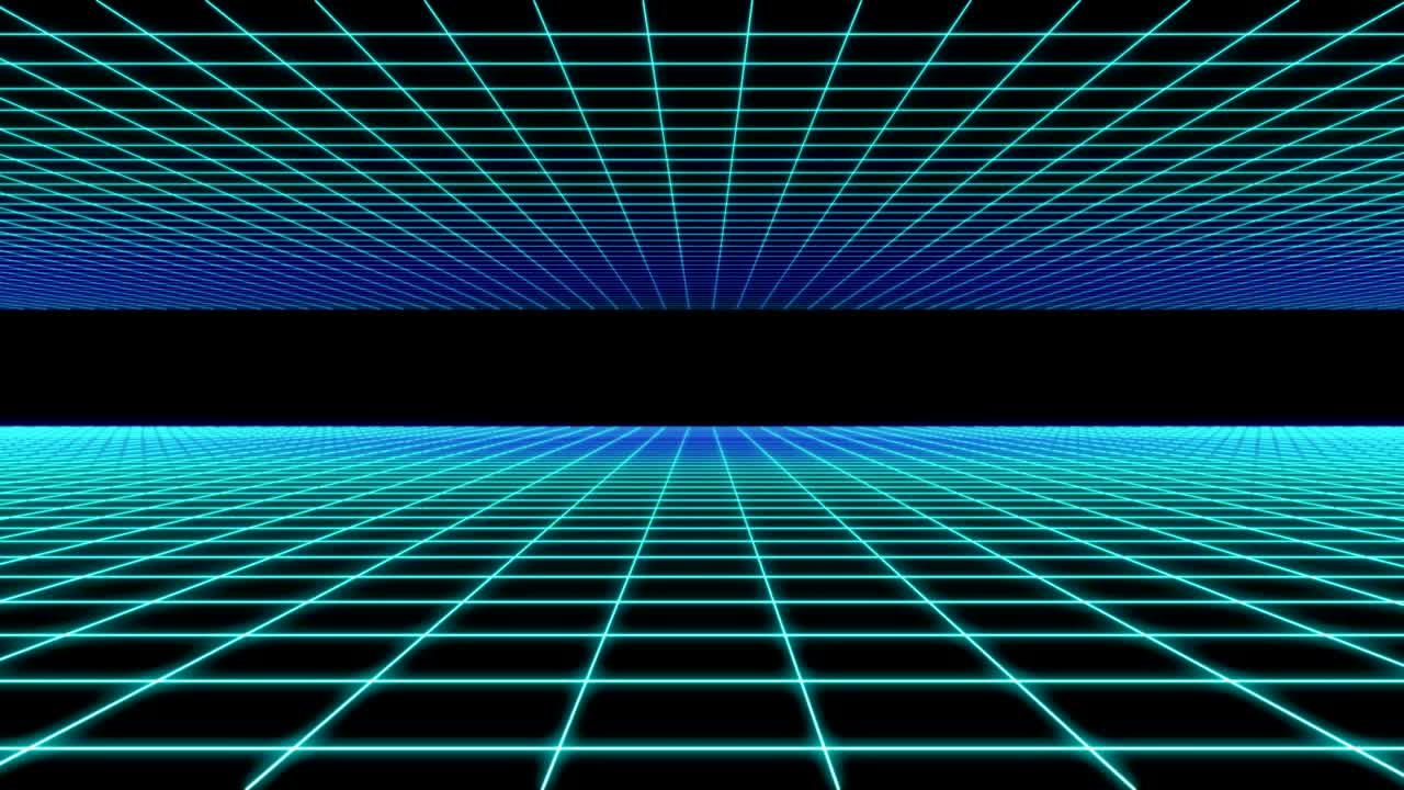 ciberespacio net 3d imágenes. moviéndose entre fluorescente azul red de animación. retícula de neón. abstracto futurista cuadrícula de los años 90. células superficie reflexión vídeo de movimiento. división cuadrada