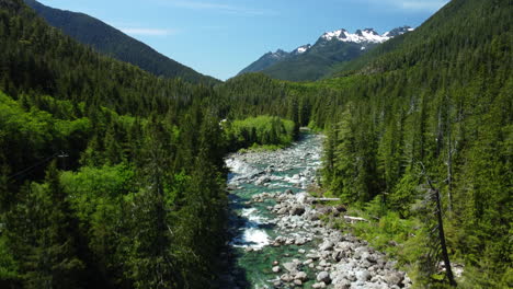 rising over tranquil river: pine forest, snow-capped mountain, and cascading waters in vancouver island