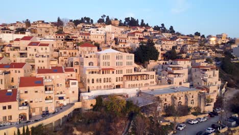 Aerial-flyover-view-of-Ancient-city-of-safed,-Northern-Galilee,-Israel