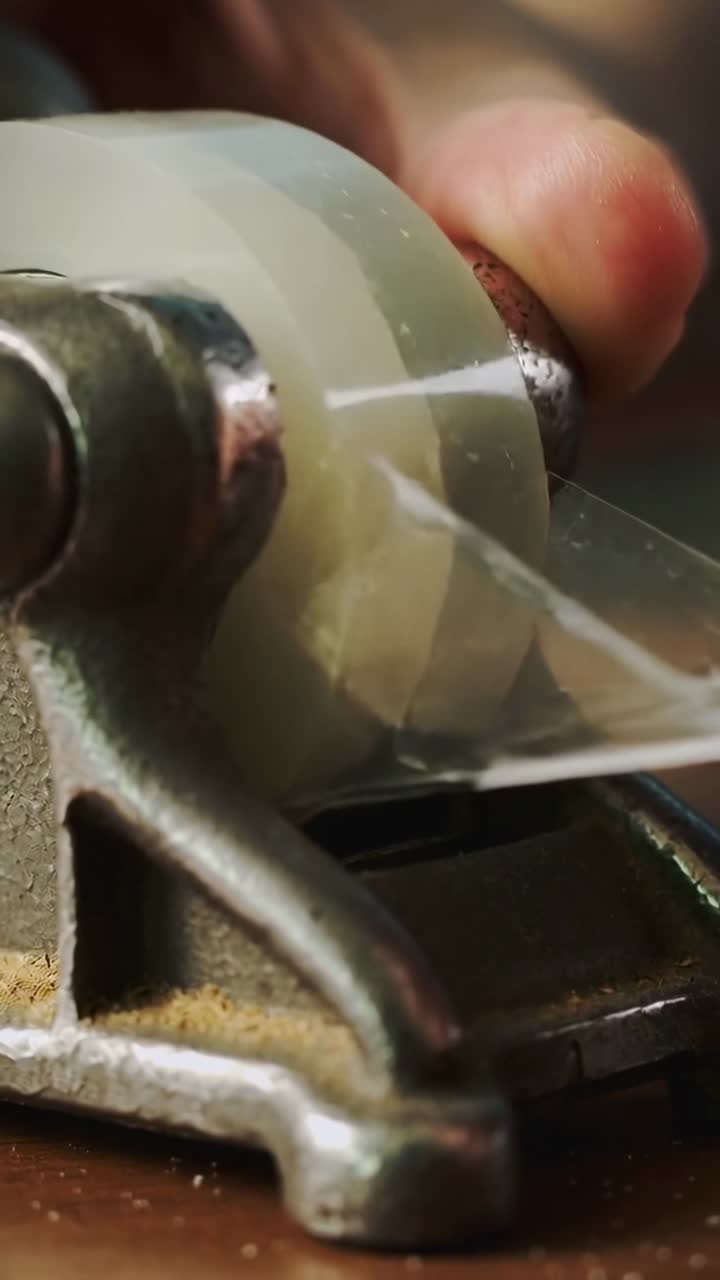 Video vertical: Una mano extendida tirando de cinta adhesiva transparente de un dispensador sobre una mesa de madera, alineándola para cortar.
