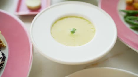 delicious food in fancy restaurant, pull out shot