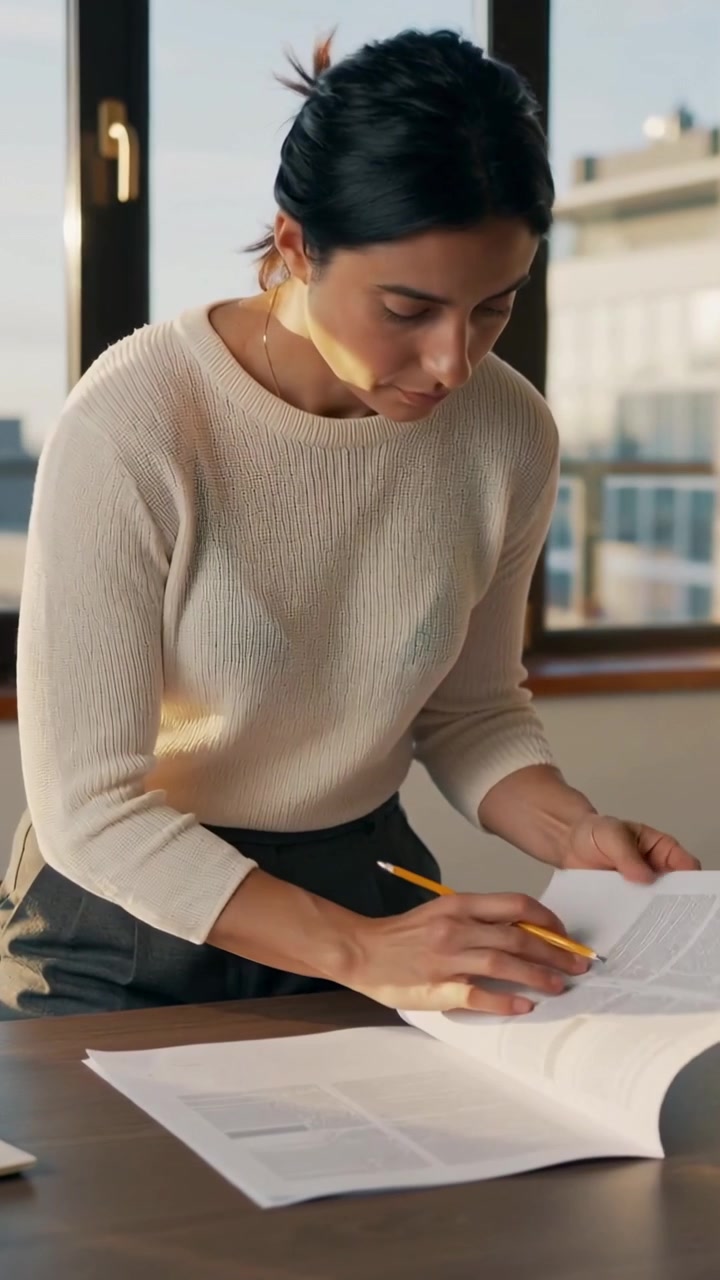 Vertical video: Leaning woman in cream knit checking plans in office, marking with yellow pencil