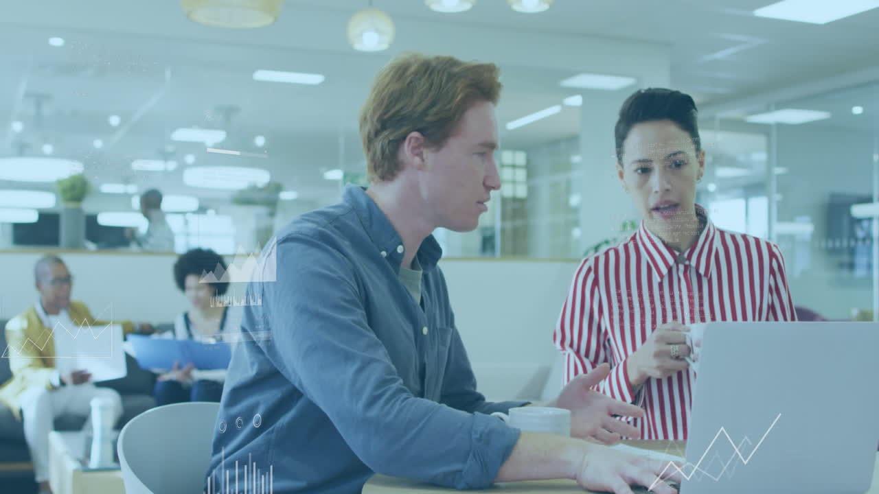 Animation of financial data processing over diverse business people