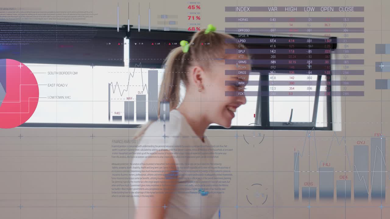 Left woman reaching, helping adjust right woman's vest, data overlaying, hugging, walking to window