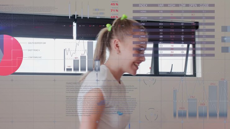 Left woman reaching, helping adjust right woman's vest, data overlaying, hugging, walking to window
