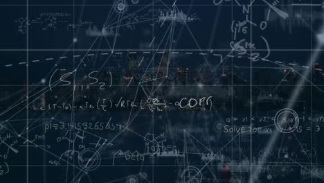 Animation of network of connections with data processing and mathematical equations over city
