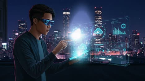 an innovative young man engages with advanced technology overlooking a dazzling cityscape at night, analyzing data through futuristic interfaces and virtual clouds