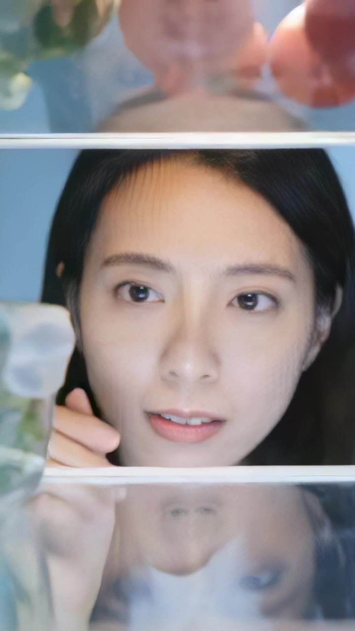 縦型動画：冷蔵庫のドアを開け、アジア人女性が手を伸ばして物をつまみ、ハーブの瓶を選ぶ