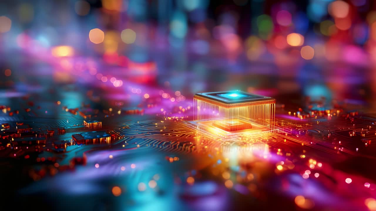 A Captivating Glimpse of a Futuristic Microchip Illuminated Amidst a Colorful Circuit Board - A Stunning Visualization of Technology's Next Frontier