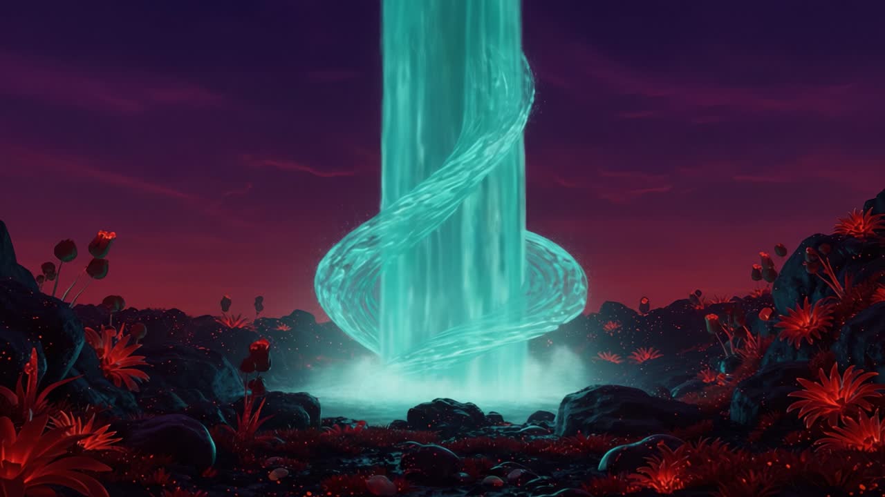 A mesmerizing view of a spiraling waterfall illuminated in vibrant blue, cascading gracefully amidst a surreal landscape of striking red flora and dark rocky terrain