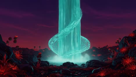 a mesmerizing view of a spiraling waterfall illuminated in vibrant blue, cascading gracefully amidst a surreal landscape of striking red flora and dark rocky terrain