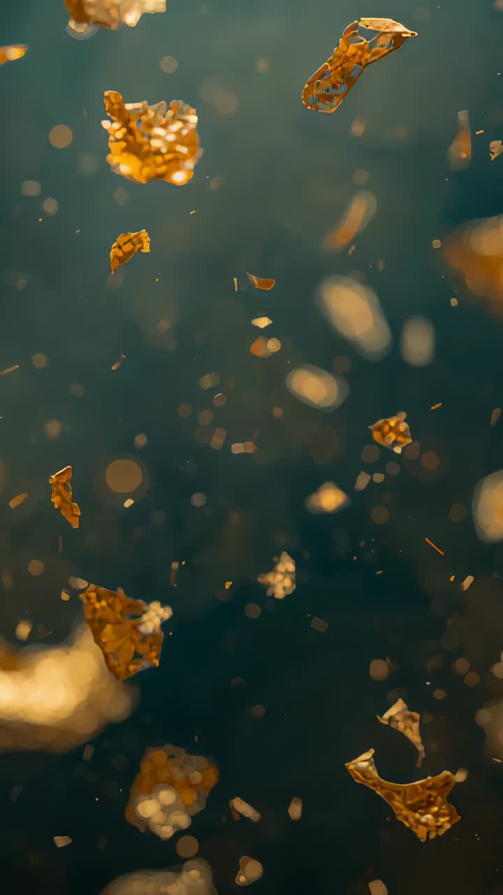 Vertical video: Breeze nudging gold flakes, dust rotating, falling in deep teal set with warm bokeh