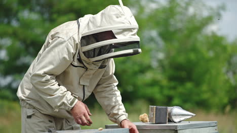 bee farmer in protective clothes and hat examines bee hives. man checks a detail thoroughly. bees swarming around the apiarist.
