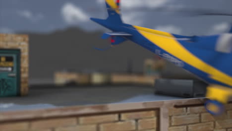 blue and yellow helicopter landing on rooftop