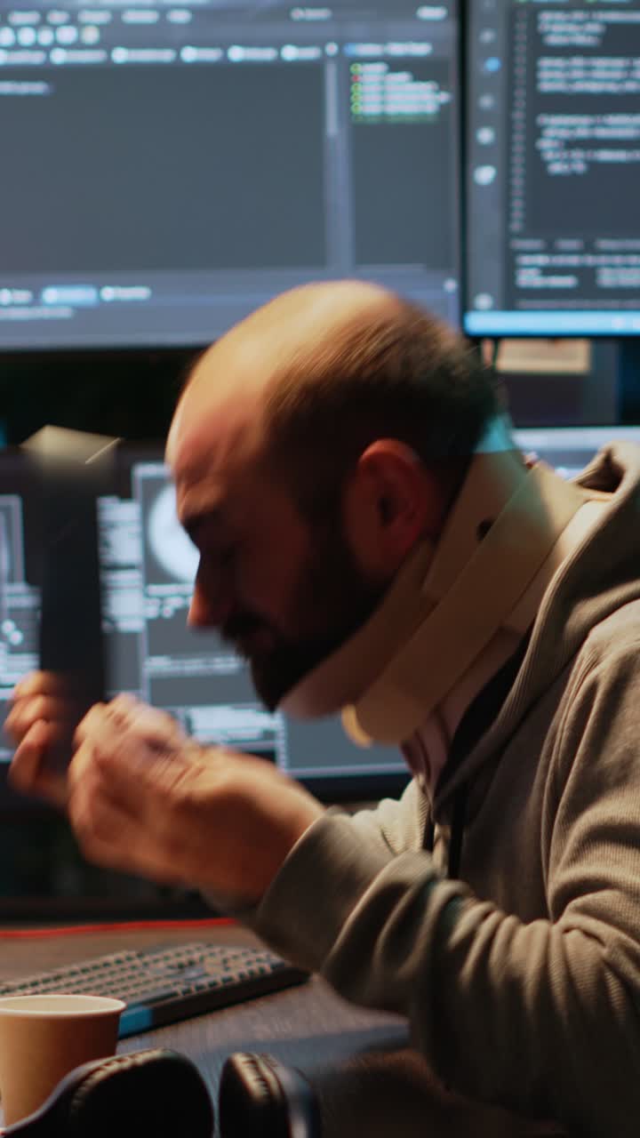 Vertical video: Adult programmer with neck collar foam coding html script