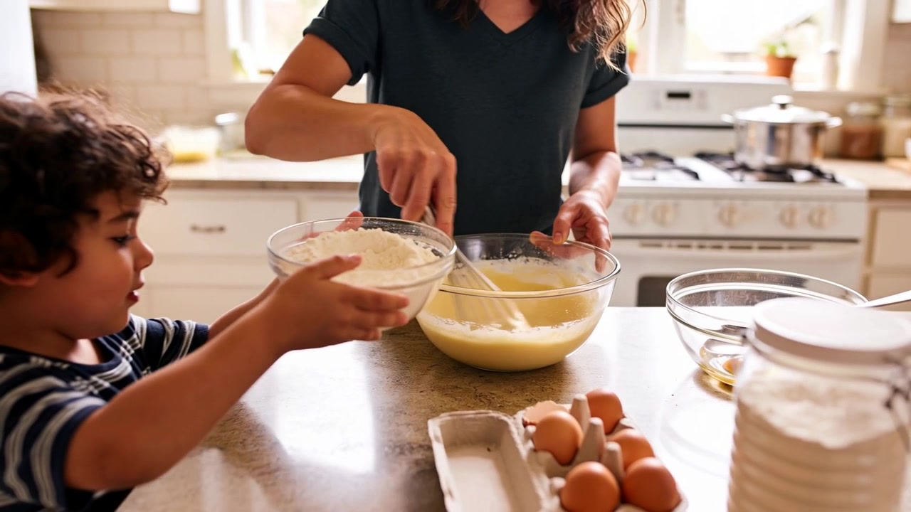 Whisking mom in dark top adding flour from child in striped shirt, making batter in kitchen