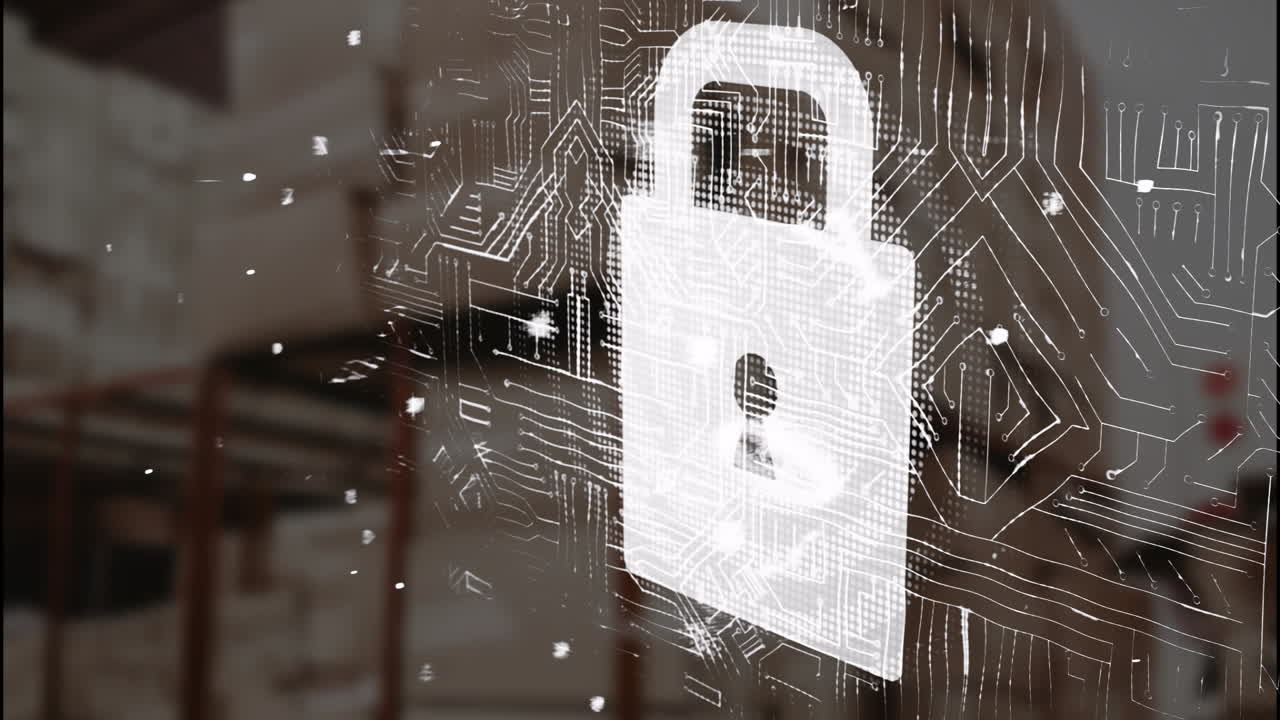 Cybersecurity concept being visualized over framework with digital padlock and data particles