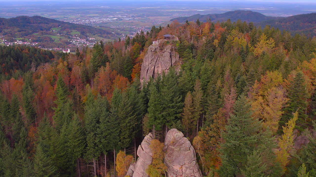 Aerial View of Colorful Autumn Forest and Rock Formations